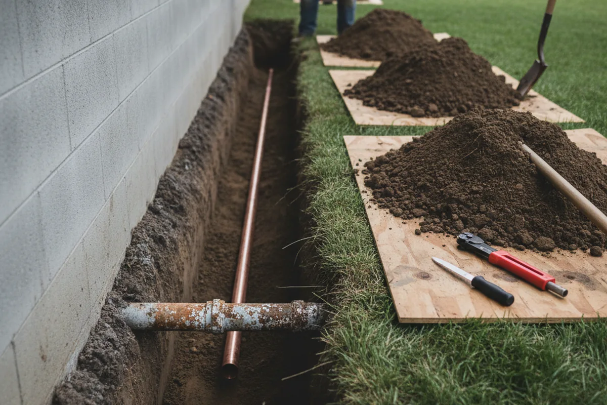 Excavated water line trench during Water Heater Repair in Grand Rivers